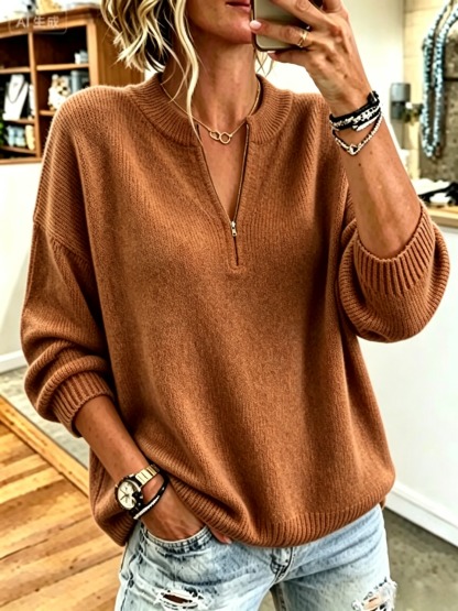 Women's Half Zip Mock Neck Sweater, Oversized Long Sleeve Ribbed Knit Pullover Top