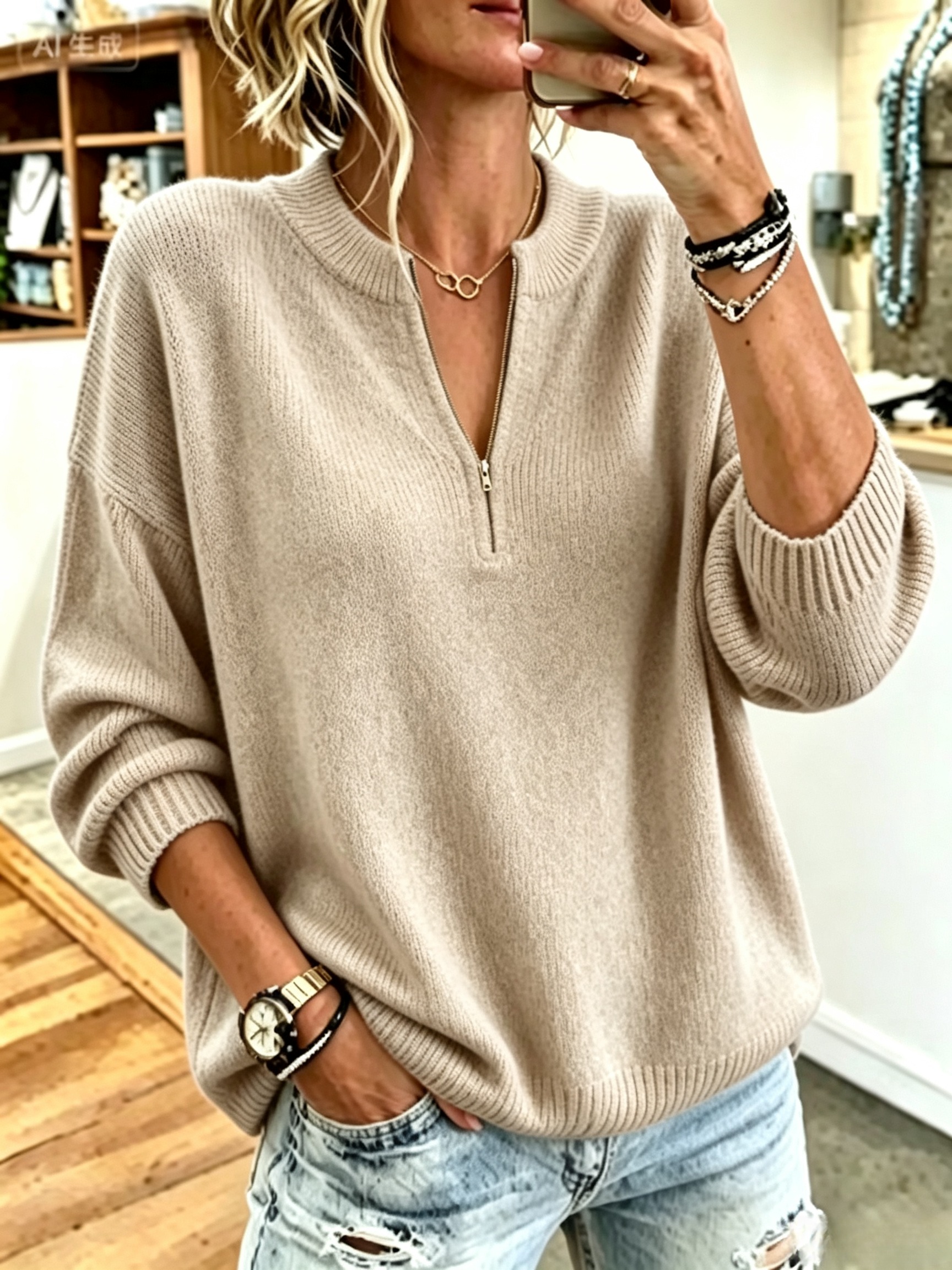 Women's Half Zip Mock Neck Sweater, Oversized Long Sleeve Ribbed Knit Pullover Top