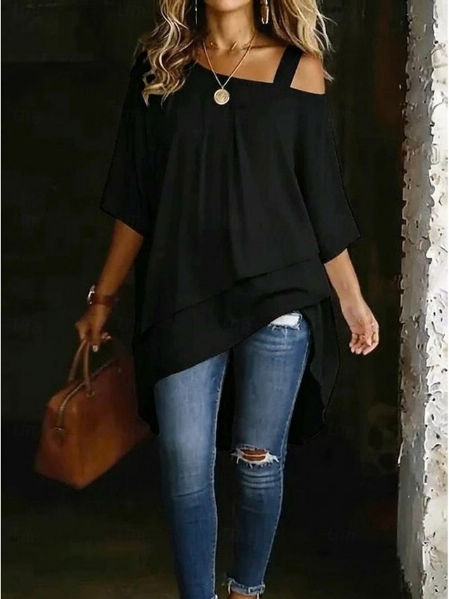 Women's T Shirt Tee Top Asymmetrical Hem Stylish Casual Short Sleeve Batwing Sleeve One Shoulder Long Tops Daily Going out Vacation Wear White Black Navy Blue Light Blue Summer Spring