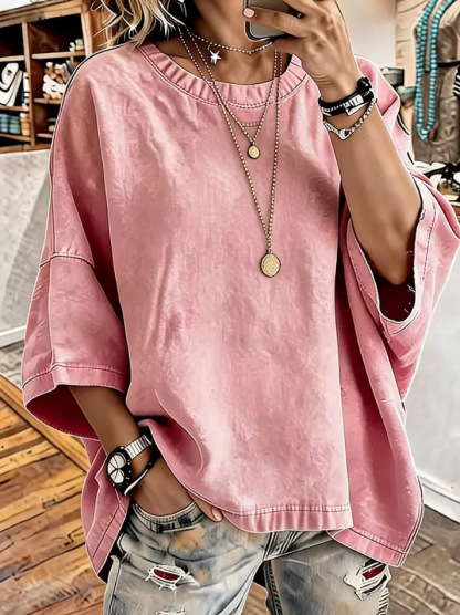 Washed Denim Round Neck Loose Short Sleeve Top