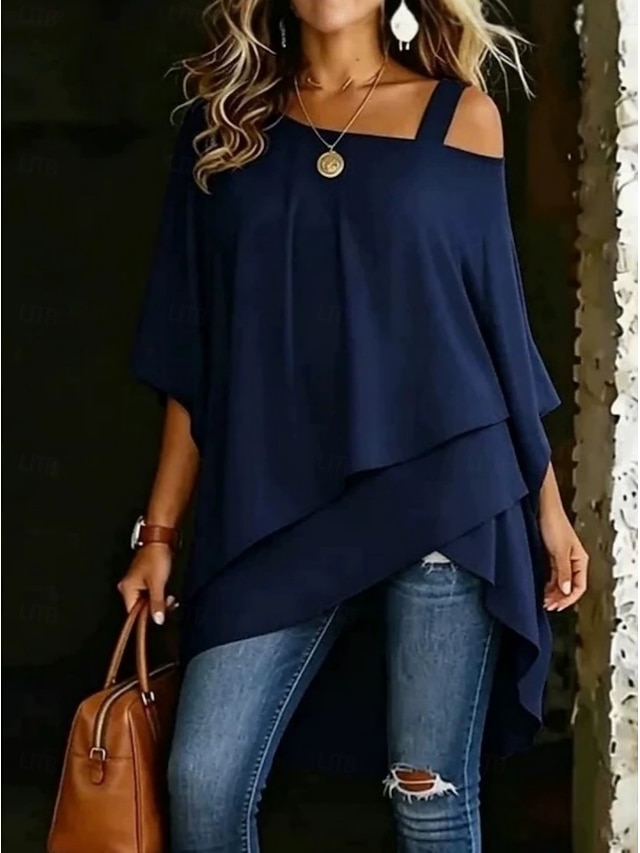 Women's T Shirt Tee Top Asymmetrical Hem Stylish Casual Short Sleeve Batwing Sleeve One Shoulder Long Tops Daily Going out Vacation Wear White Black Navy Blue Light Blue Summer Spring