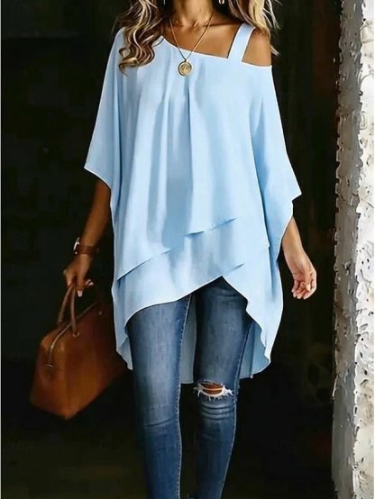 Women's T Shirt Tee Top Asymmetrical Hem Stylish Casual Short Sleeve Batwing Sleeve One Shoulder Long Tops Daily Going out Vacation Wear White Black Navy Blue Light Blue Summer Spring