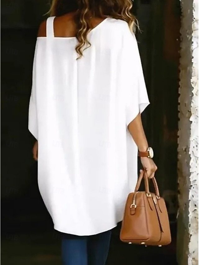 Women's T Shirt Tee Top Asymmetrical Hem Stylish Casual Short Sleeve Batwing Sleeve One Shoulder Long Tops Daily Going out Vacation Wear White Black Navy Blue Light Blue Summer Spring