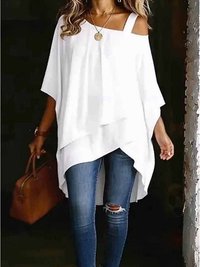 Women's T Shirt Tee Top Asymmetrical Hem Stylish Casual Short Sleeve Batwing Sleeve One Shoulder Long Tops Daily Going out Vacation Wear White Black Navy Blue Light Blue Summer Spring