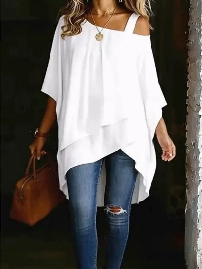 Women's T Shirt Tee Top Asymmetrical Hem Stylish Casual Short Sleeve Batwing Sleeve One Shoulder Long Tops Daily Going out Vacation Wear White Black Navy Blue Light Blue Summer Spring