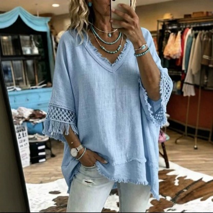 Women’s V-Neck Fringe Blouse, Crochet Lace 3/4 Sleeve Loose Boho Linen Textured Top