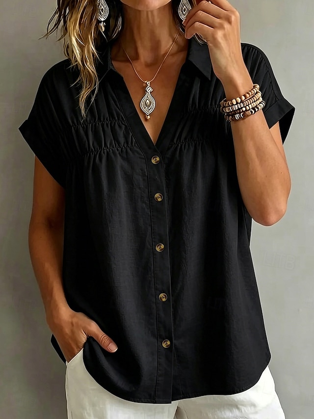Women's Blouse Ruched Plain Stylish Casual Short Sleeve V Neck Regular Tops Casual Daily White Khaki Black Pink Summer Spring