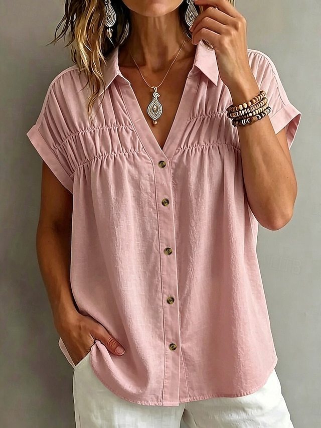 Women's Blouse Ruched Plain Stylish Casual Short Sleeve V Neck Regular Tops Casual Daily White Khaki Black Pink Summer Spring