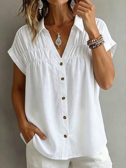 Women's Blouse Ruched Plain Stylish Casual Short Sleeve V Neck Regular Tops Casual Daily White Khaki Black Pink Summer Spring