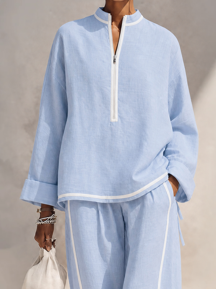 Women's Light‑Blue Linen Fabric Stand‑Collar Half‑Zip Oversized Top & Wide‑Leg Pants Set