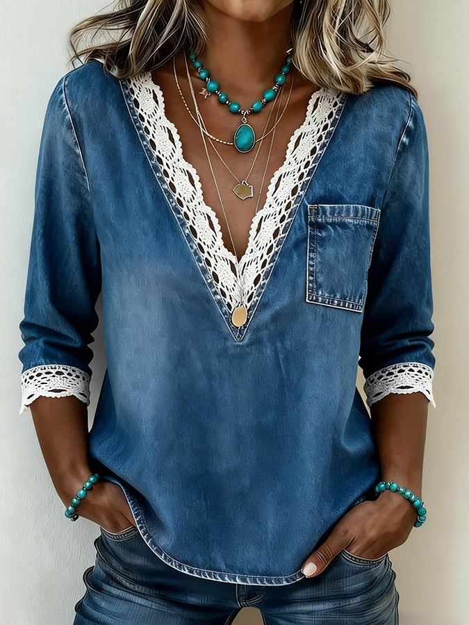 Women'S Casual V-Neck Lace Patch Denim Shirt