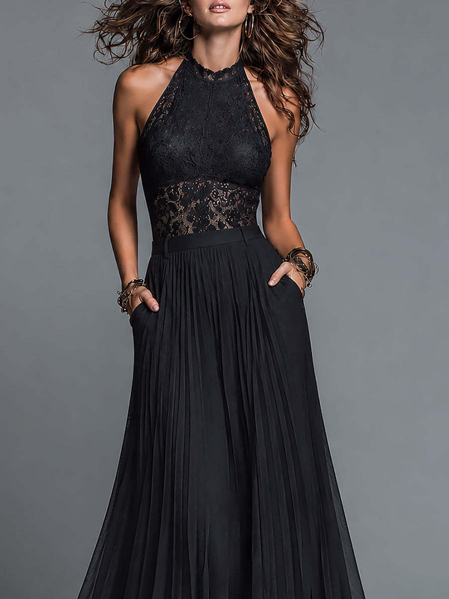 Vintage-Style Pleated Chiffon Dress With A Stand Collar And Cut-Out Lace Detailing