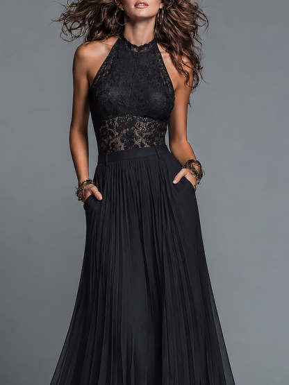 Vintage-Style Pleated Chiffon Dress With A Stand Collar And Cut-Out Lace Detailing