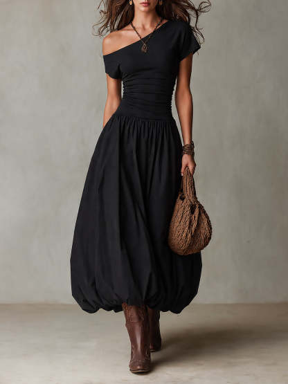 Vintage-style One-shoulder Balloon Hem Maxi Dress