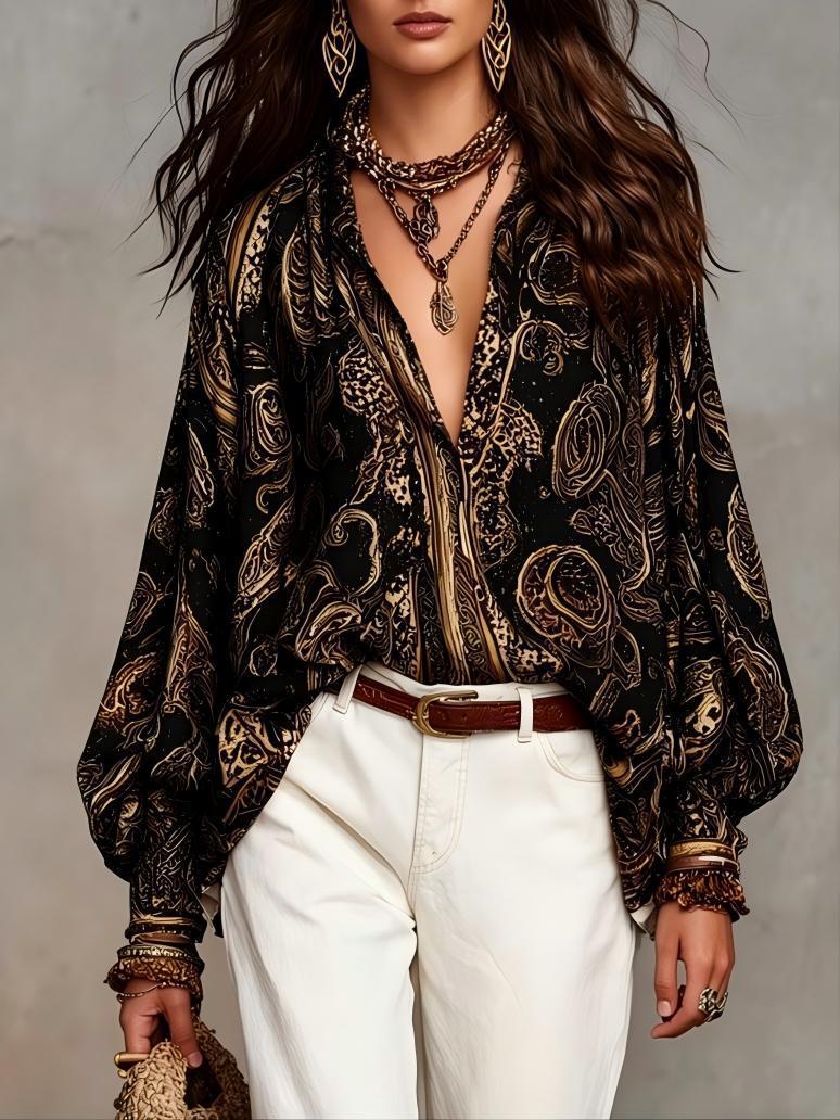🔥 NEW ARRIVALS! Stunning Boho Print Blouse - Flowy Oversized Lantern Sleeve Top