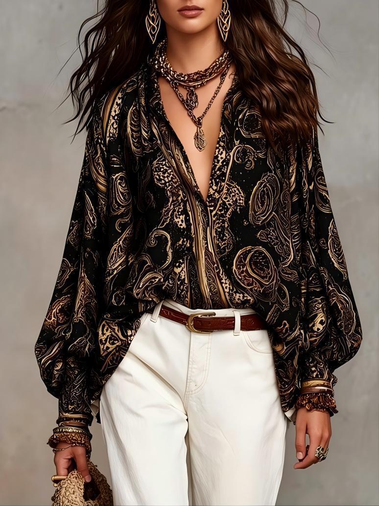 🔥 NEW ARRIVALS! Stunning Boho Print Blouse - Flowy Oversized Lantern Sleeve Top