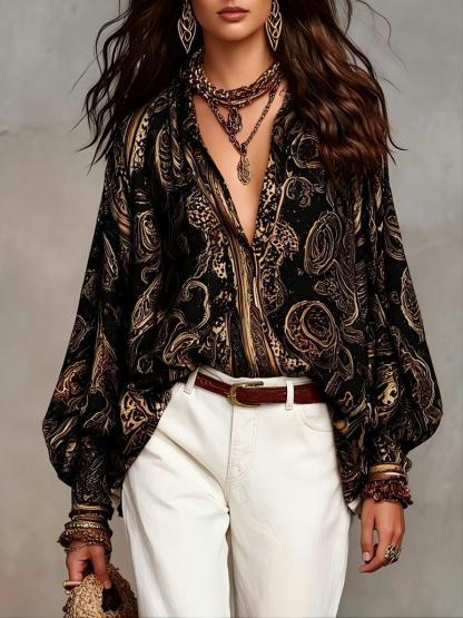 🔥 NEW ARRIVALS! Stunning Boho Print Blouse - Flowy Oversized Lantern Sleeve Top