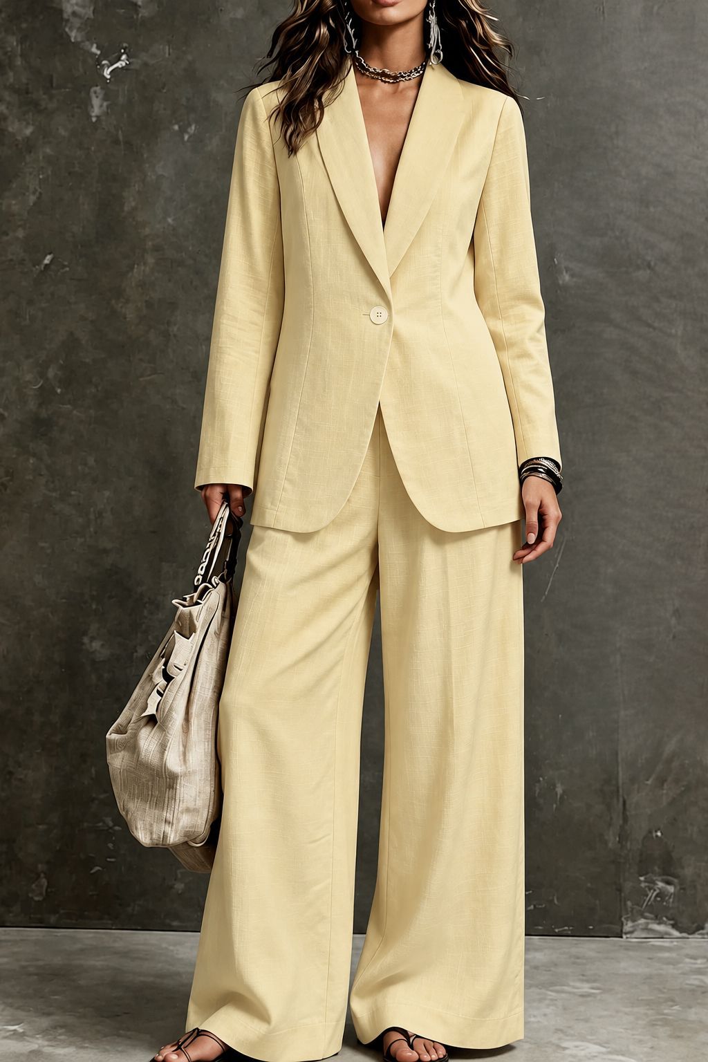 Women’s linen-look single-button notch-lapel blazer and wide-leg trouser suit set in Yellow Butter – very pale warm buttery yellow – full-length front standing view against grey concrete backdrop, fitted notch-lapel single tonal light button blazer, front welt pockets, structured shoulders, hip-length hem, wide-leg straight linen-look trouser soft centre-front fold full-length floor-grazing, large beige natural woven tote left hand, layered chain necklace, chandelier earrings, stacked bead bracelets, flat thong sandals