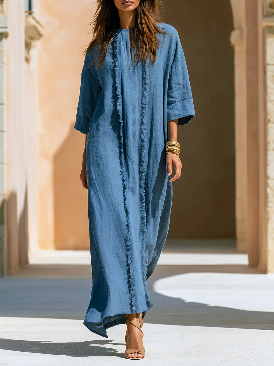 Linen Blend Maxi Dress Women’s Loose Fit Frayed Detail Casual Vacation Long Dress