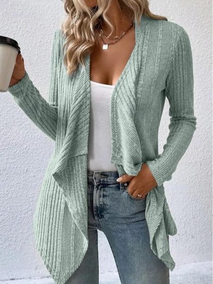 Women's Cardigan Coat Casual Solid Color Ribbed Open Front Knitted Asymmetric Hem Long Sleeve Regular Tops
