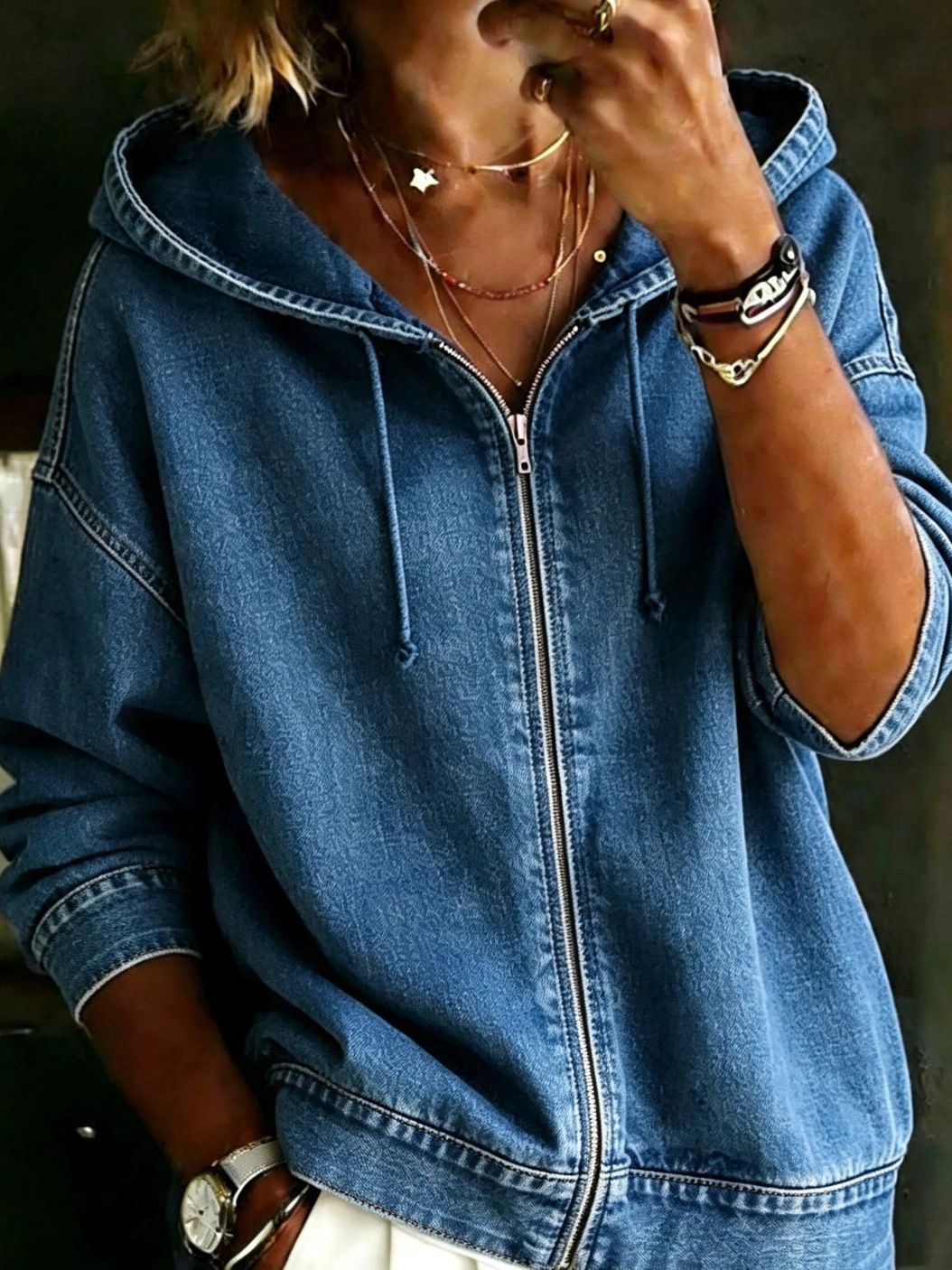 Oversized Zip-Up Hooded Denim Jacket