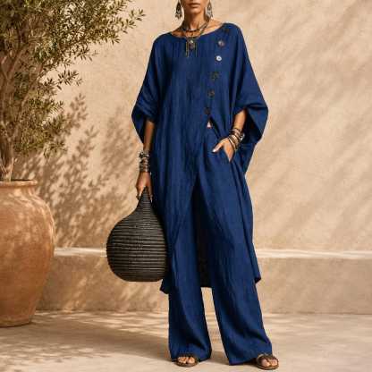 Linen Blend Asymmetrical Button Tunic & Wide Leg Pants Set