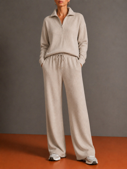 Women’s Knit Two Piece Set, Quarter Zip Collared Sweater and Wide Leg Pants Matching Outfit