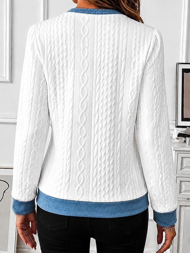 Women’s Textured Knit Jacket with Denim Contrast Trim, Zip Front Casual Bomber Jacket