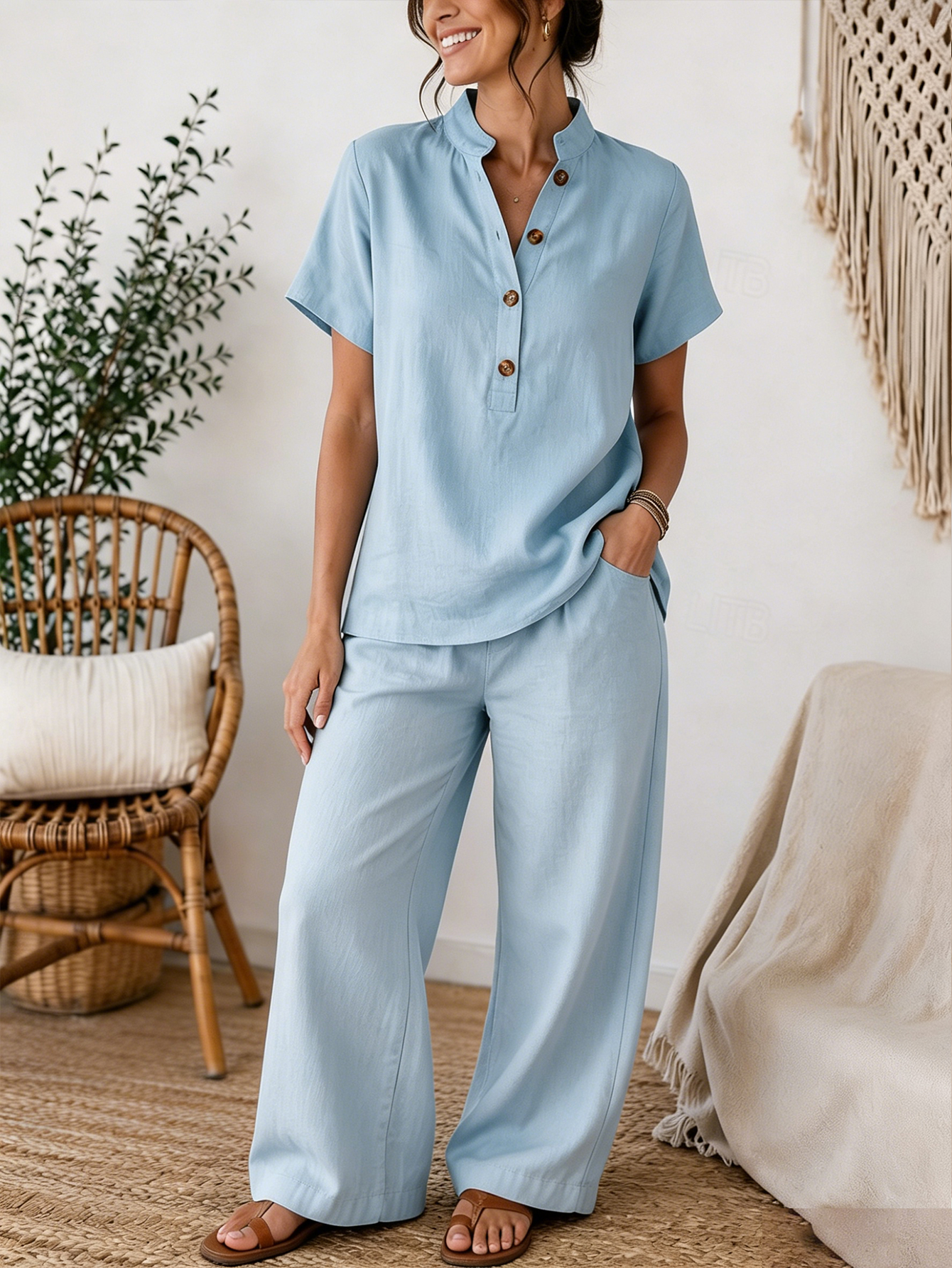 Women's Linen Blend Henley Short Sleeve Top & Wide Leg Pants 2-Piece Set