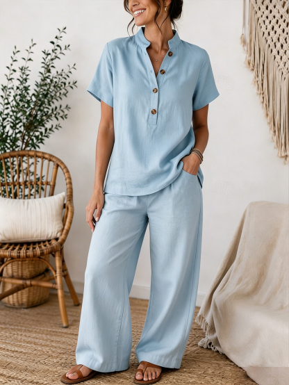 Women's Linen Blend Henley Short Sleeve Top & Wide Leg Pants 2-Piece Set