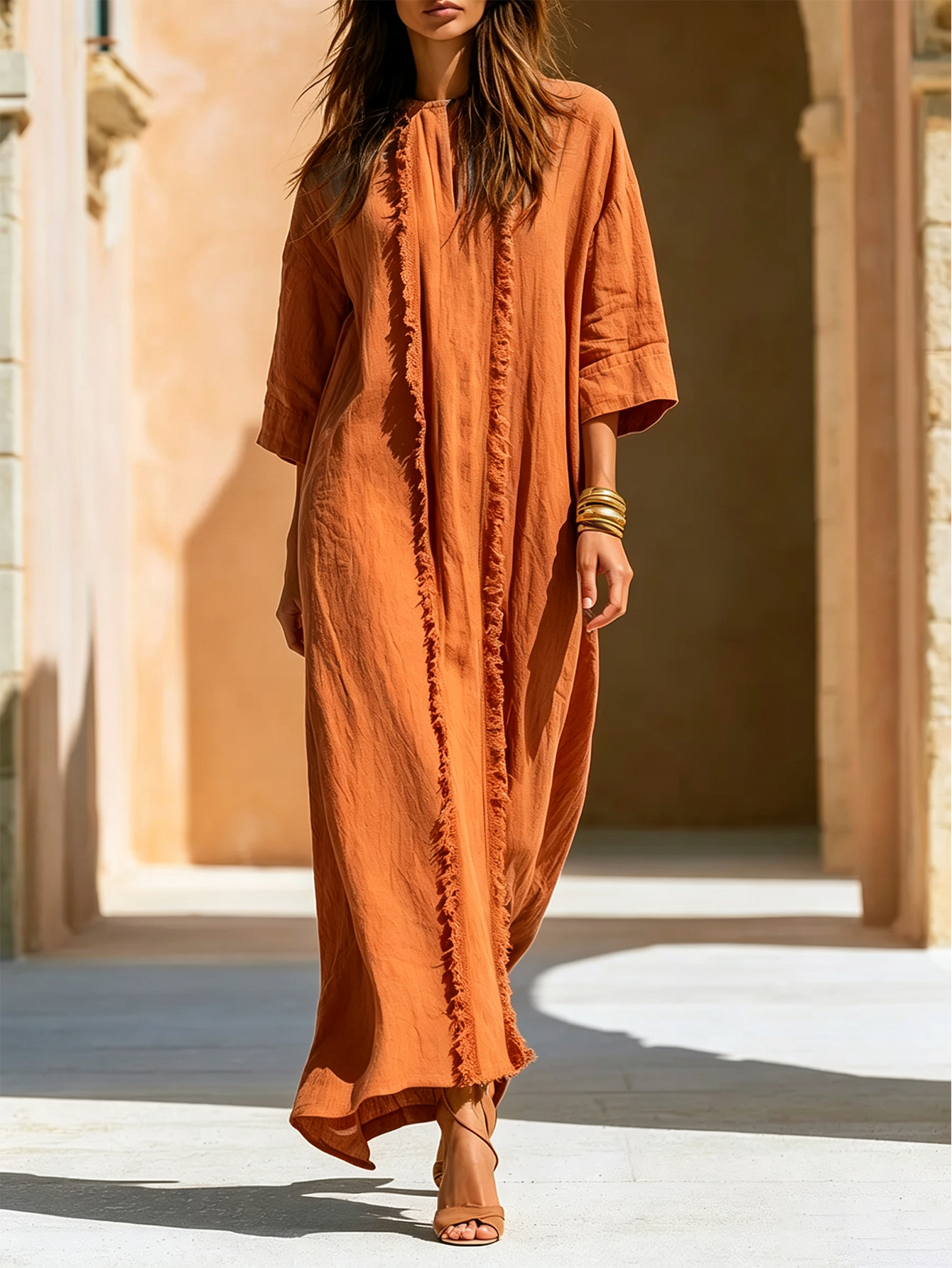Linen Blend Maxi Dress Women’s Loose Fit Frayed Detail Casual Vacation Long Dress