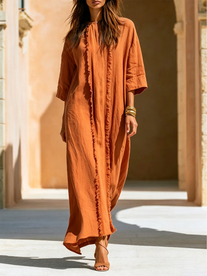 Linen Blend Maxi Dress Women’s Loose Fit Frayed Detail Casual Vacation Long Dress