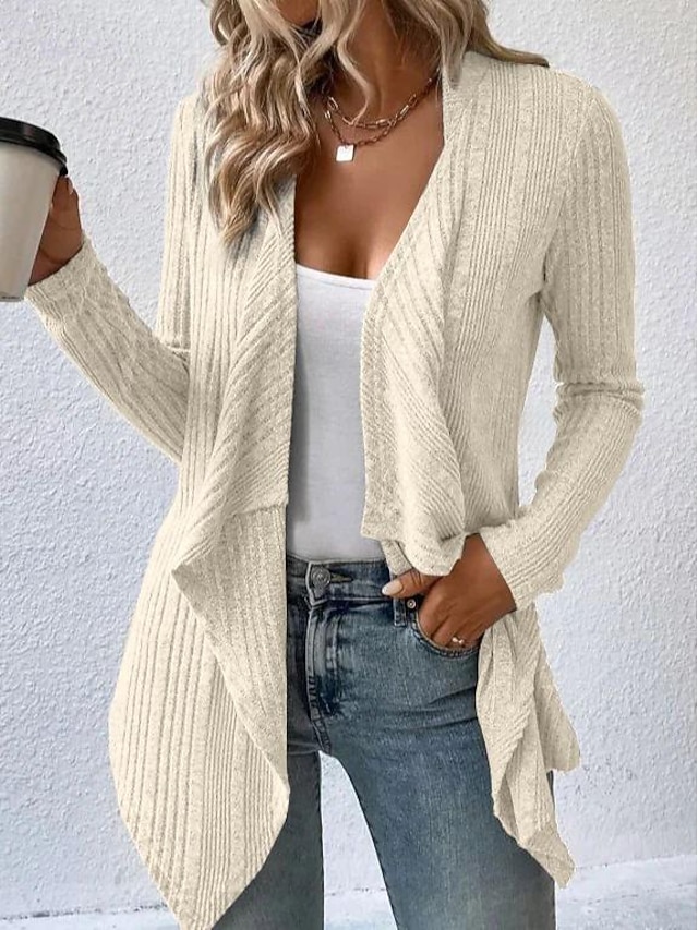 Women's Cardigan Coat Casual Solid Color Ribbed Open Front Knitted Asymmetric Hem Long Sleeve Regular Tops