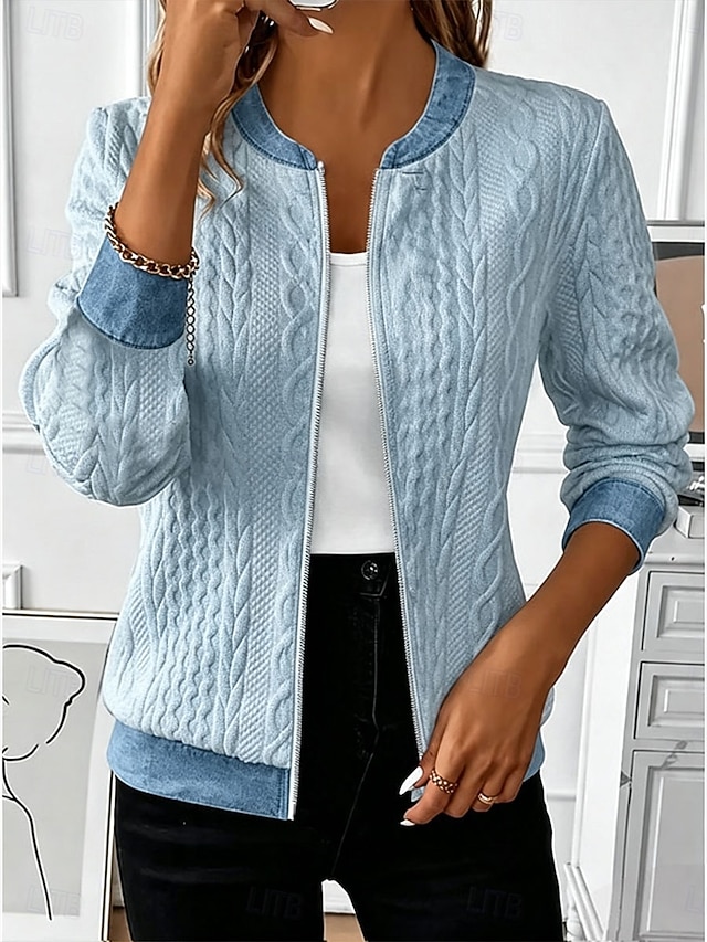 Women’s Textured Knit Jacket with Denim Contrast Trim, Zip Front Casual Bomber Jacket