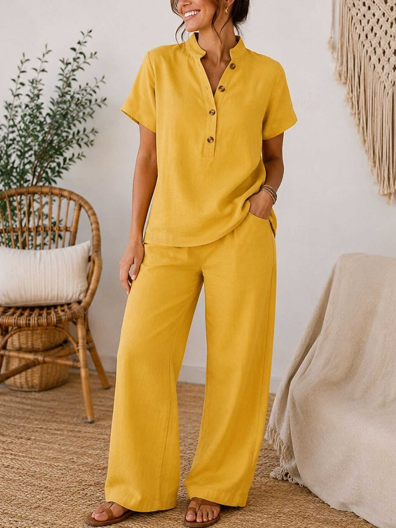 Women's Linen Blend Henley Short Sleeve Top & Wide Leg Pants 2-Piece Set