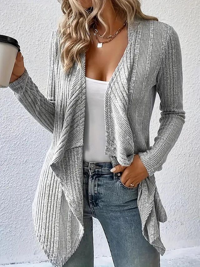 Women's Cardigan Coat Casual Solid Color Ribbed Open Front Knitted Asymmetric Hem Long Sleeve Regular Tops