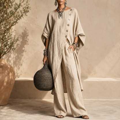 Linen Blend Asymmetrical Button Tunic & Wide Leg Pants Set