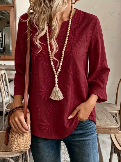White Eyelet Embroidered Split Neck Three-Quarter Sleeve Blouse