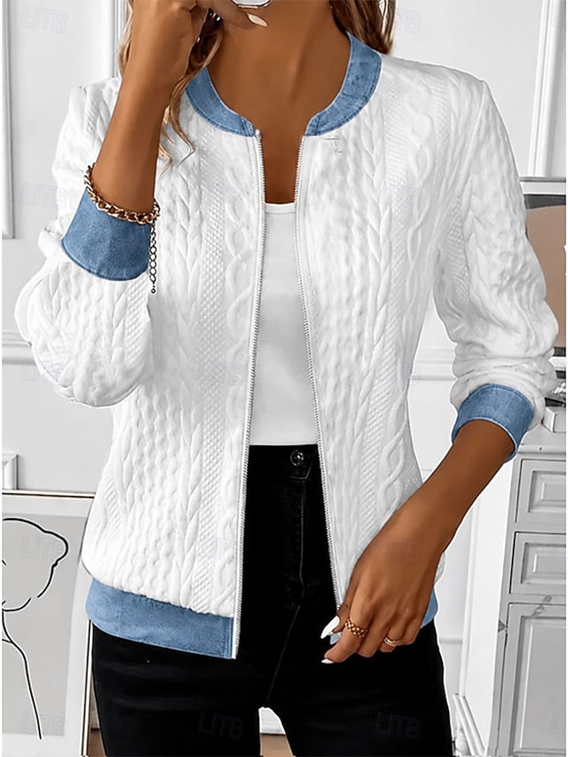 Women’s Textured Knit Jacket with Denim Contrast Trim, Zip Front Casual Bomber Jacket