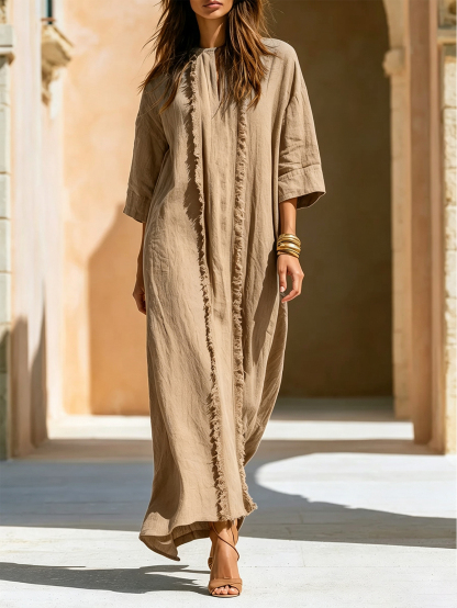 Linen Blend Maxi Dress Women’s Loose Fit Frayed Detail Casual Vacation Long Dress