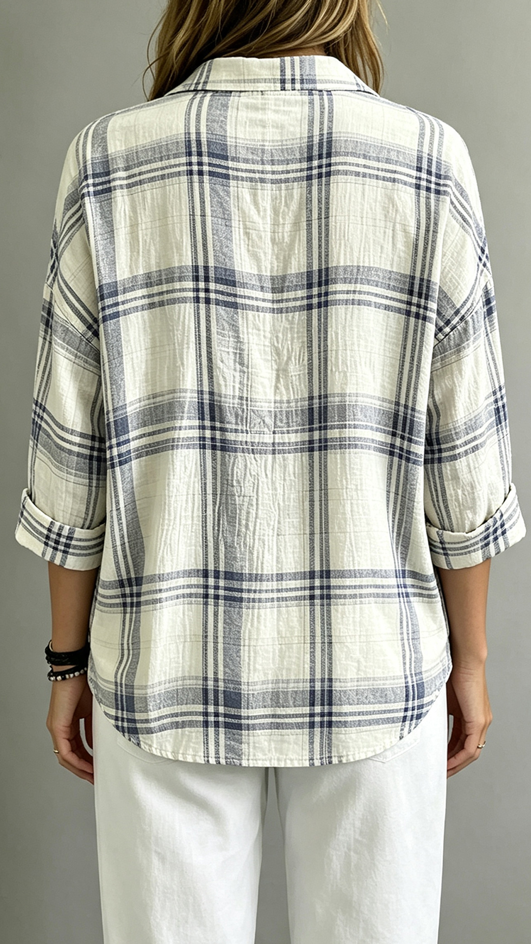 Women's Plaid Henley Polo Shirt Casual Oversized Drop Shoulder Long Sleeve Blouse