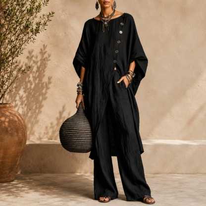 Linen Blend Asymmetrical Button Tunic & Wide Leg Pants Set