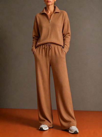 Women’s Knit Two Piece Set, Quarter Zip Collared Sweater and Wide Leg Pants Matching Outfit