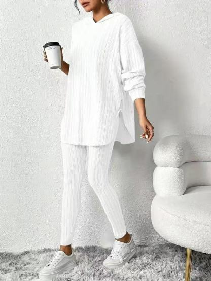Women’s Hooded Knit Lounge Set, Oversized Tunic Sweater Top & Slim Pants Two Piece Outfit