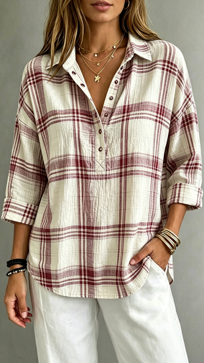 Women's Plaid Henley Polo Shirt Casual Oversized Drop Shoulder Long Sleeve Blouse