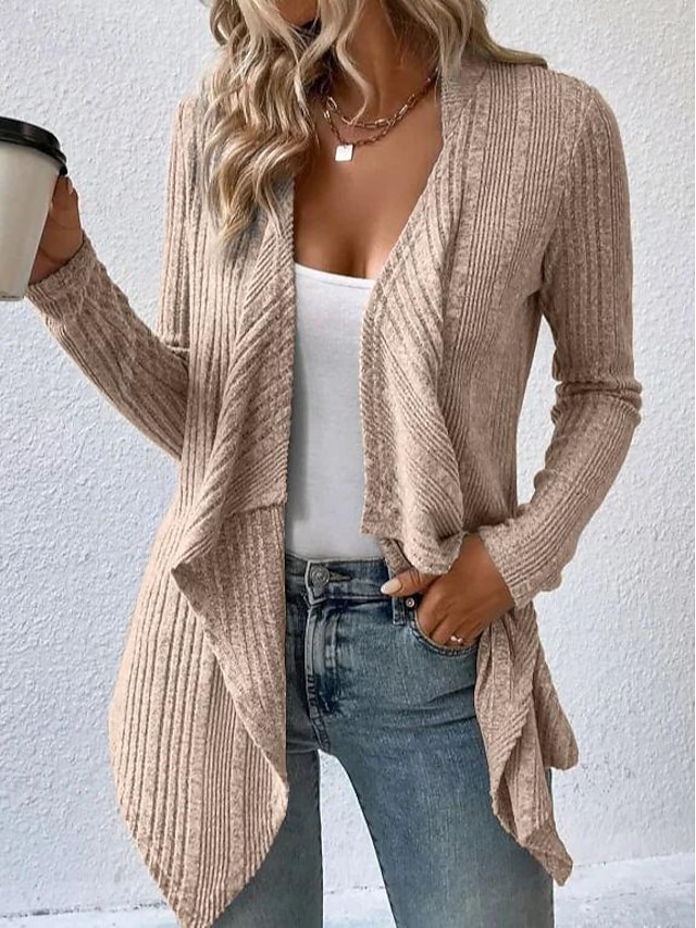 Women's Cardigan Coat Casual Solid Color Ribbed Open Front Knitted Asymmetric Hem Long Sleeve Regular Tops