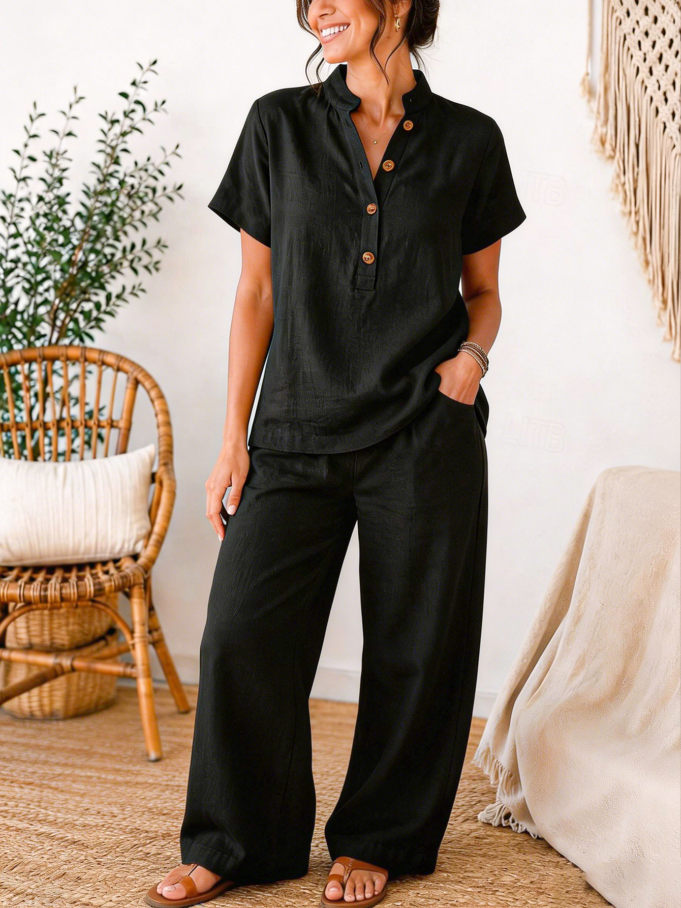 Women's Linen Blend Henley Short Sleeve Top & Wide Leg Pants 2-Piece Set