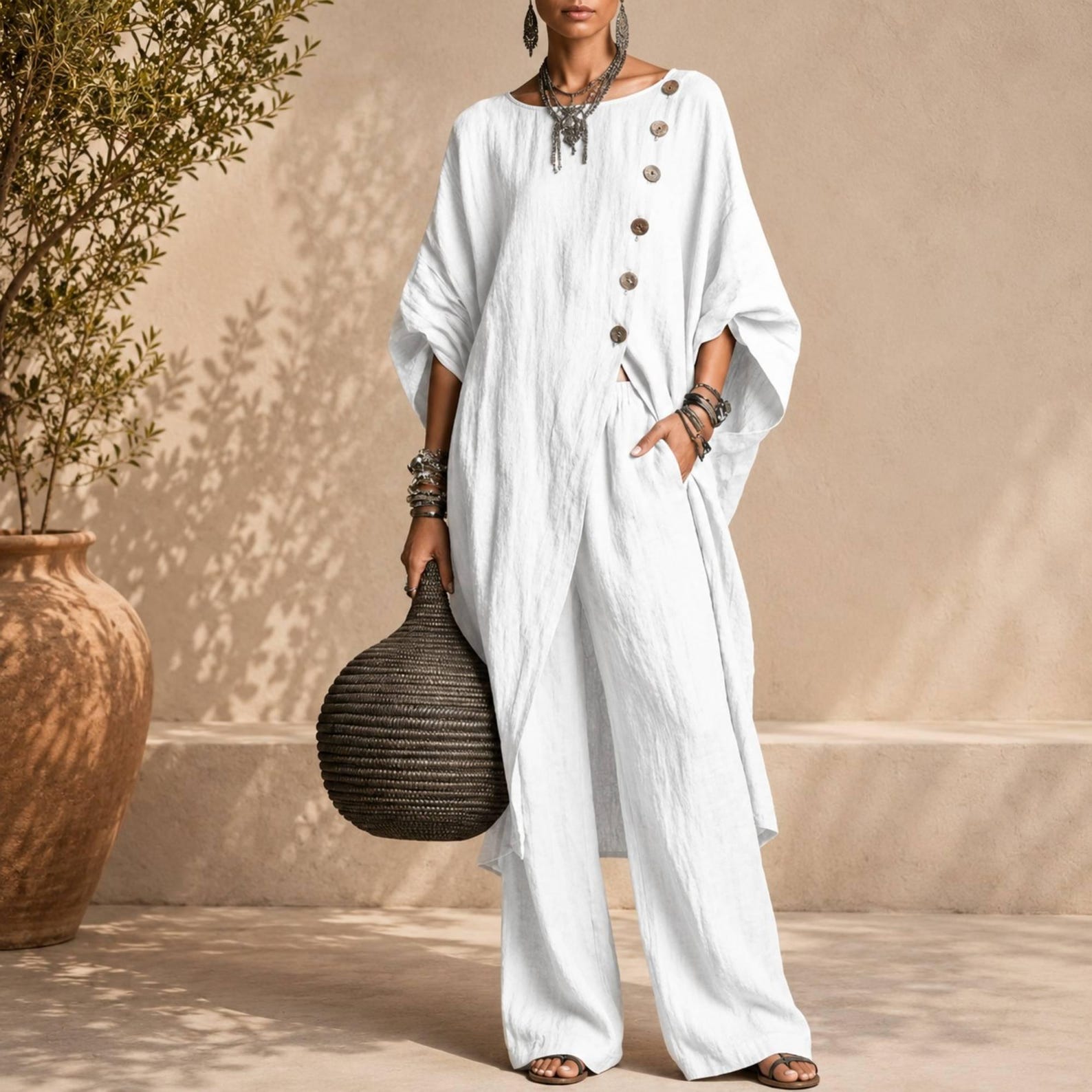 Linen Blend Asymmetrical Button Tunic & Wide Leg Pants Set