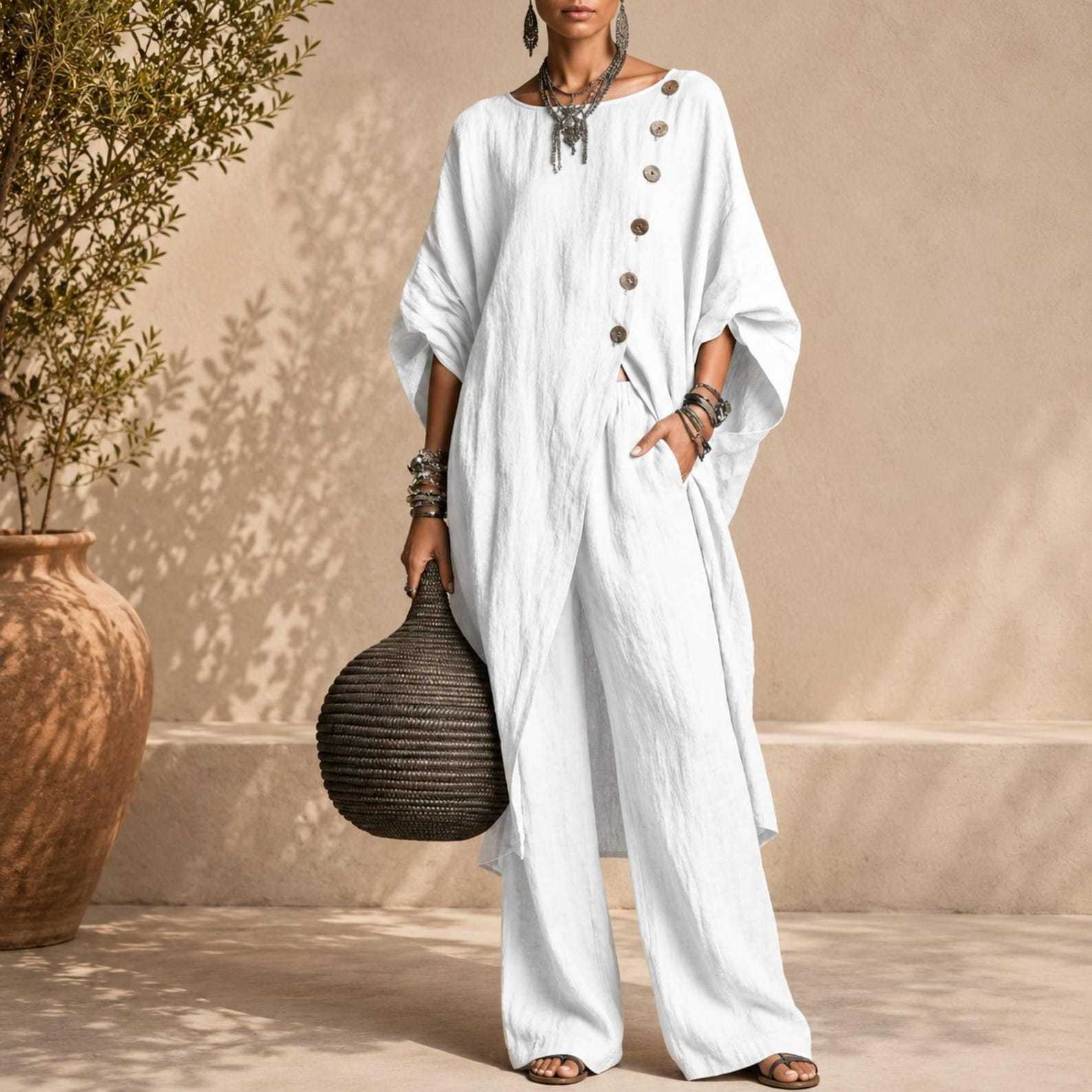 Linen Blend Asymmetrical Button Tunic & Wide Leg Pants Set