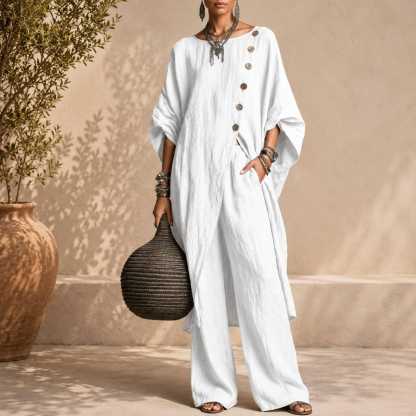 Linen Blend Asymmetrical Button Tunic & Wide Leg Pants Set